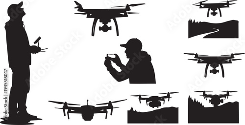Drone Pilot and Quadcopter Silhouette Vector Set, Professional UAV Operator with Remote Control, Aerial Photography and Videography Equipment Icons, Modern Technology and Surveillance Drone Graphics.