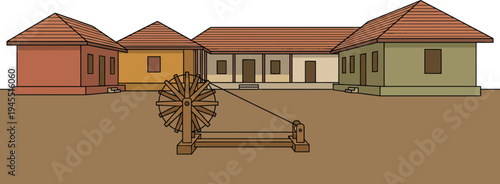 Traditional Indian village courtyard featuring a large wooden spinning wheel charkha in front of simple rural houses with terracotta roofs for historical culture.