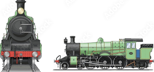 Vintage steam locomotive train vector illustration with front and side views, classic railway engine isolated for transportation history design