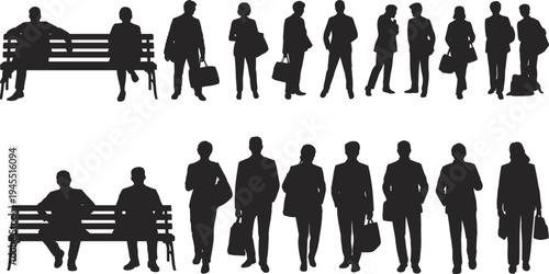 Business people silhouettes, walking and sitting poses, corporate professionals collection, office worker figures, teamwork concept, urban crowd illustration set