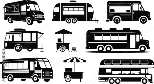 Silhouette vector illustration of diverse food trucks, mobile vending carts, trailers, and street food vehicles for business marketing design inspiration