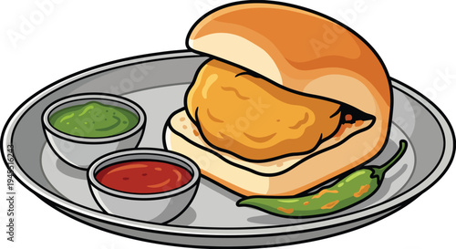 Popular traditional Indian Maharashtrian street food snack vada pav served on a round steel plate with spicy green chutney sweet red chutney and a fried green chili.
