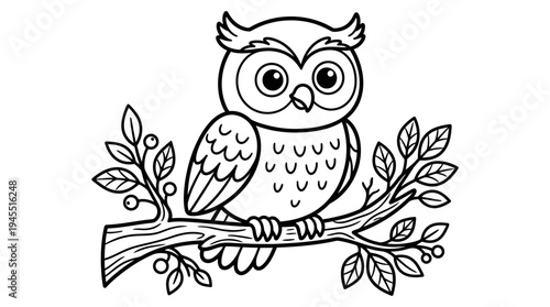 Owl sitting on tree branch calmly.