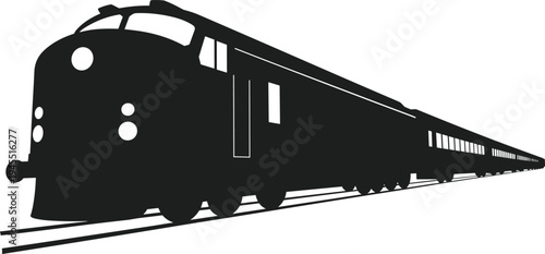 Silhouette train illustration, long passenger railway, vintage locomotive design, transportation graphic, fast moving railroad vehicle, travel concept artwork, classic train engine