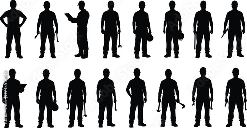 Collection of construction worker silhouettes holding tools and helmets, builder engineer technician laborer set isolated on white background, industrial workforce teamwork concept illustration