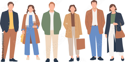 Illustrated diverse group of six professionals in stylish business casual attire representing workplace diversity, modern fashion, teamwork, collaboration, community