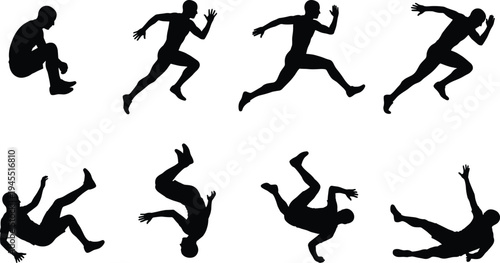 Silhouette Set of Man Running Jumping and Falling Action Poses for Sports Vector Illustration