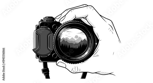 Hand Holding Camera with Landscape Reflection in Lens Illustration.