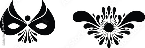 Black and white abstract shapes resembling mask and flower