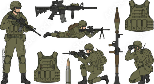 Military Soldier Character Set with Tactical Gear, Weapons, and Bulletproof Vest, Vector Illustration