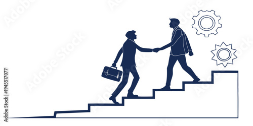 Two businessmen climbing stairs with briefcase and helping hand up to gears