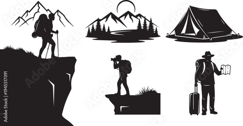 Adventure Outdoor Travel Silhouette Set: Hiking Man on Mountain, Camping Tent in Forest, Nature Photographer, and Traveler with Luggage Vector Icons for Tourism, Trekking, and Summer Vacation.