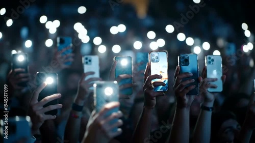 Crowd holding up smartphones with flashlights on at a concert or event creating a sea of lights.
