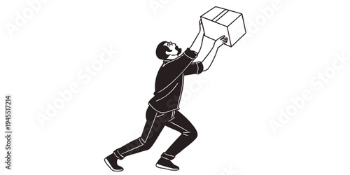 A man lifting a box upwards with both hands in a dynamic pose
