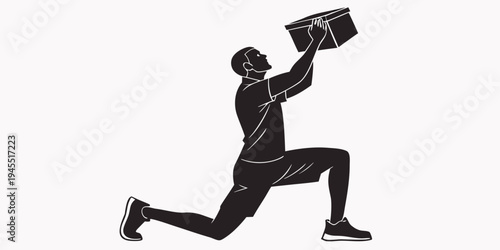Man in a lunge position holding a box up in the air with one hand in a black silhouette