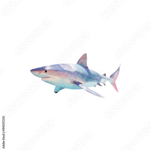 Stylized great white shark colorful polygon marine predator ocean wildlife swimming aquatic fish illustration isolated on white background