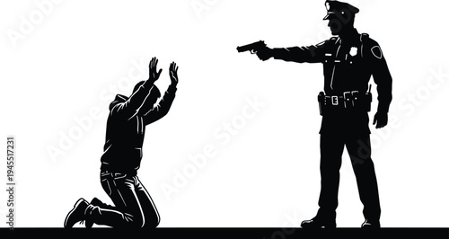 Police Officer Aiming Gun at Kneeling Suspect with Raised Hands, Law Enforcement Confrontation, Vector