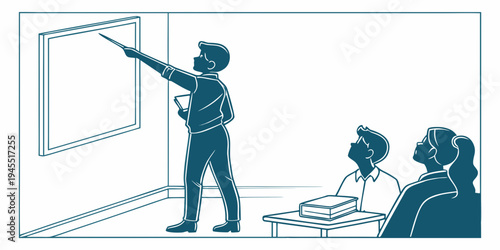 A man in a classroom pointing to a blank whiteboard with students sitting at a desk