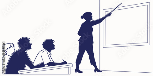 A teacher standing in front of a classroom pointing to an empty whiteboard with students sitting at desks