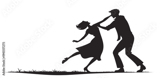 Silhouette of a man trying to catch or pull a woman in a playful or romantic gesture on a grassy field