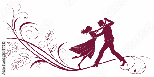 Elegant couple dancing tango in red silhouette on with floral design