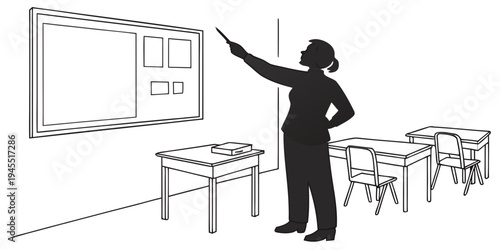 A teacher pointing to a whiteboard in a classroom setting with desks and chairs