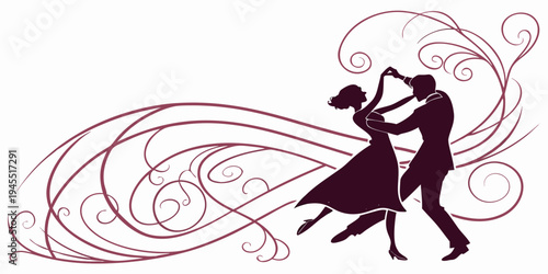A romantic couple dancing together in a beautiful swirling design