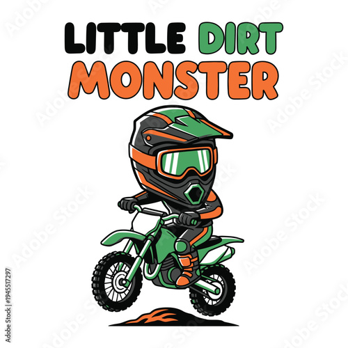 Little dirt monster riding green dirt bike with orange and black helmet tshirt design