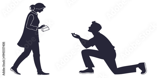 Man proposing to woman with ring in hand in a romantic gesture