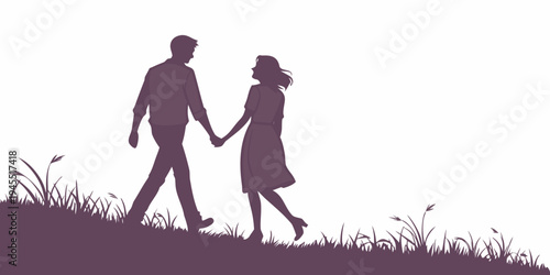 Silhouette of a romantic couple walking hand in hand through grassy field on a sunny day in love