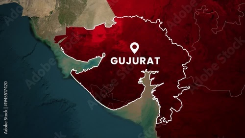 Gujarat India map animation. Highlighted Gujarat state with location marker on India map geography concept