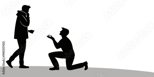 Man proposing to woman with ring in hand on one knee