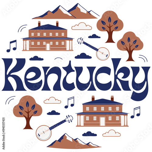 Kentucky Bluegrass Music Illustration with Banjo Mansion and Mountains