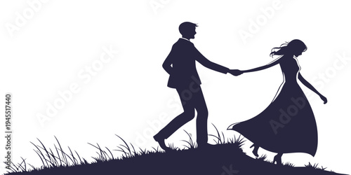 Silhouette of a romantic couple holding hands on a grassy hill