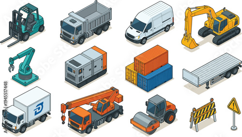 Isometric construction machinery and heavy equipment set, industrial transport vehicles, building site vector icons
