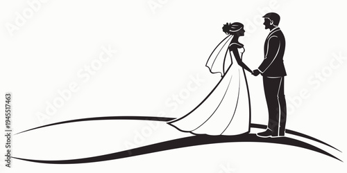 A black and white illustration of a bride and groom standing on a hill holding hands in love on their special day