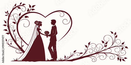 Silhouette of a romantic couple in love with heart and floral design for wedding or valentines day