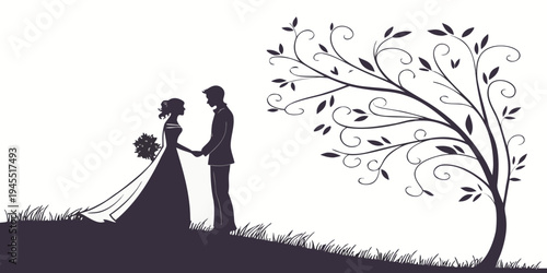 Silhouette of a romantic wedding couple holding hands on a hill with a tree
