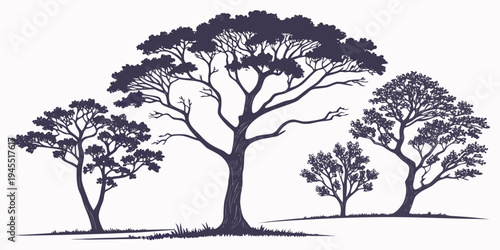 A group of trees in a field with a large tree in the center