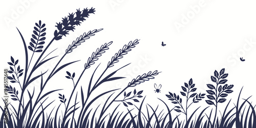 A dark blue silhouette of various grasses and plants on a with a few birds flying