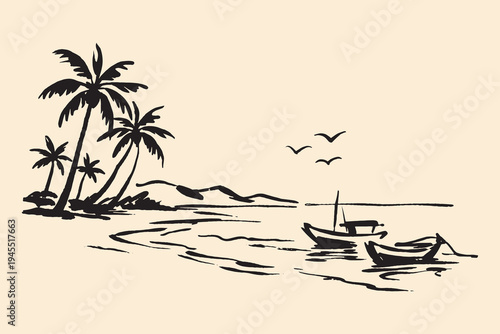 Tropical beach with boats ink sketch vector illustration