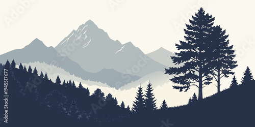 A silhouette of pine trees in front of a mountain range with foggy hills and a