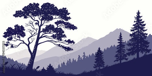 Silhouette of trees and mountains in a scenic landscape with a large tree on the left and pine trees on the right