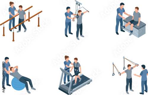 Isometric vector of physical therapy rehabilitation exercises with medical assistants and injured patients