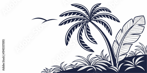 Tropical palm tree with leaves and bird flying overhead in a serene natural landscape setting