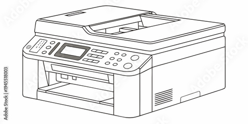 A line drawing of a multifunction printer with a digital display and various buttons and controls on the front panel