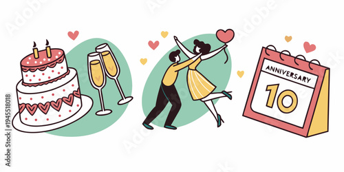 Happy romantic couple celebrating their tenth wedding anniversary with a cake and champagne on a green background