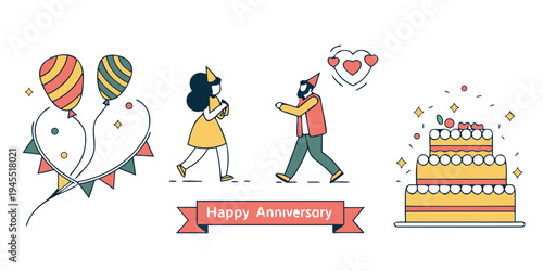 Happy anniversary celebration with couple dancing and cake