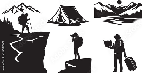 Adventure and Outdoor Exploration Vector Silhouette Set Featuring Hikers, Mountain Landscapes, Camping Tent, Nature Photography, and Travelers for Trekking, Mountaineering, and Tourism Design Assets.