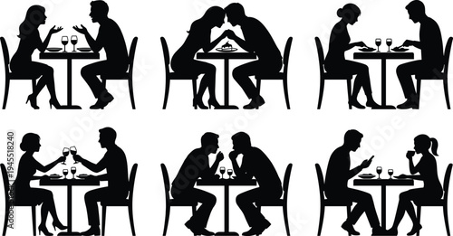 Set of couple silhouettes dining at restaurant tables with various romantic and social interactions vector
